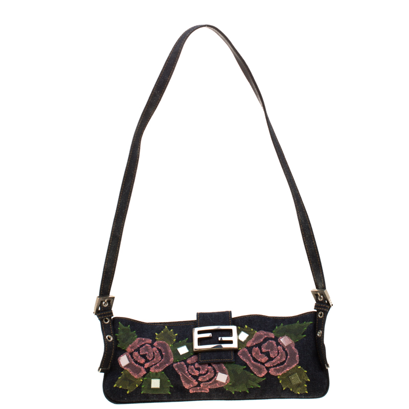 Pre Owned Fendi Blue Rose Embroidered Denim Baguette