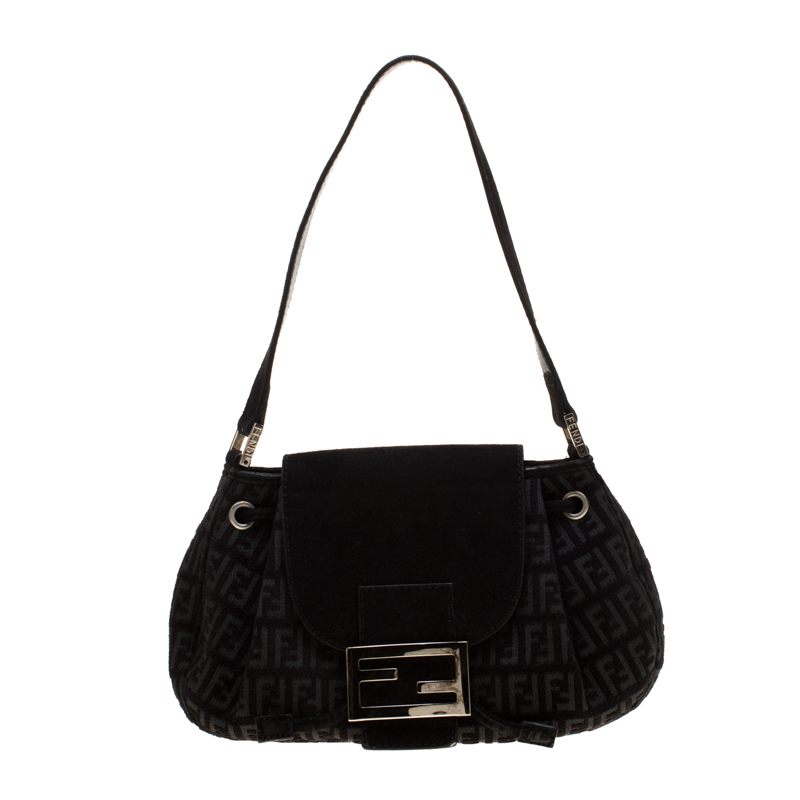 Pre Owned Fendi Black Canvas and Suede Shoulder Bag