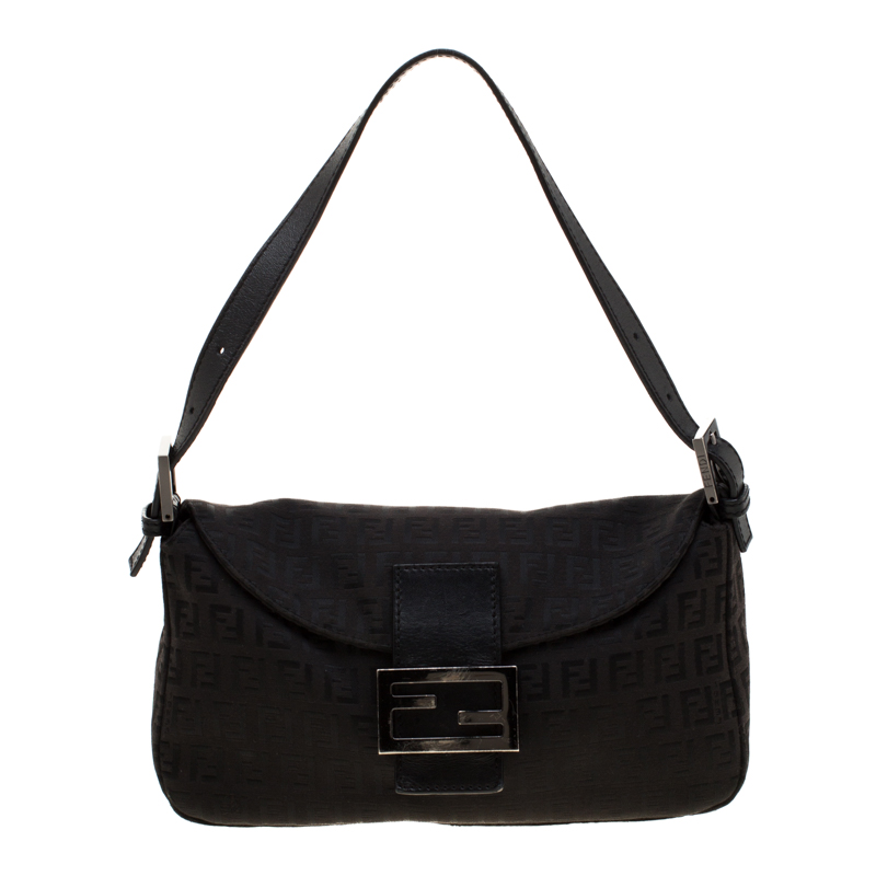 Fendi Black Zucchino Canvas and Leather Mama Baguette Shoulder Bag ...