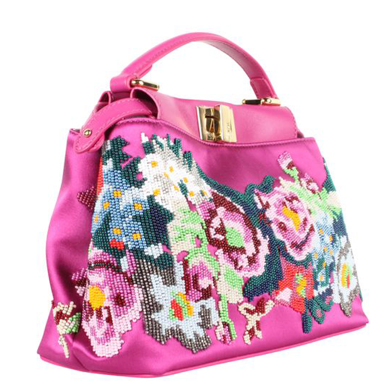 

Fendi Purple Satin Lambskin Leather Peekaboo Mini Floral Bag