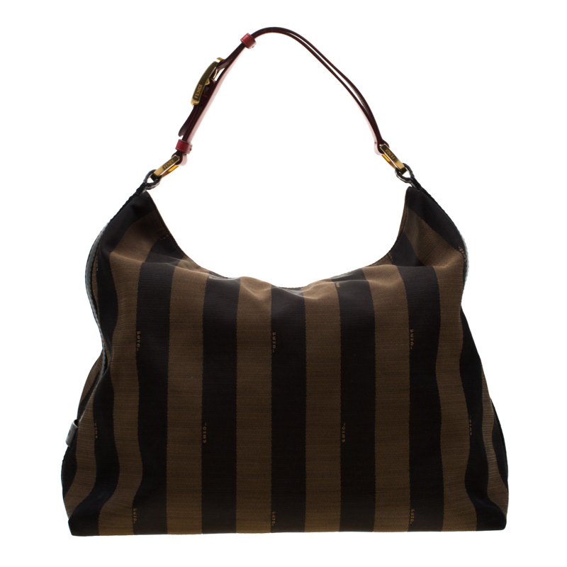 Pre Owned Fendi Tobacco/Red Canvas and Leather Large Pequin Striped Hobo