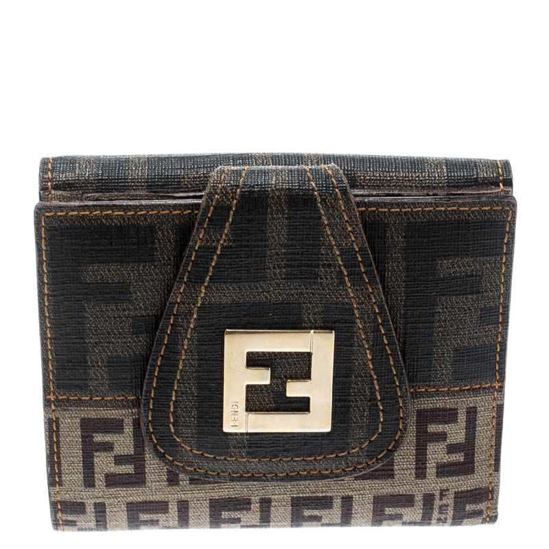 Pre Owned Fendi Beige/Brown Zucca Coated Canvas Compact Wallet