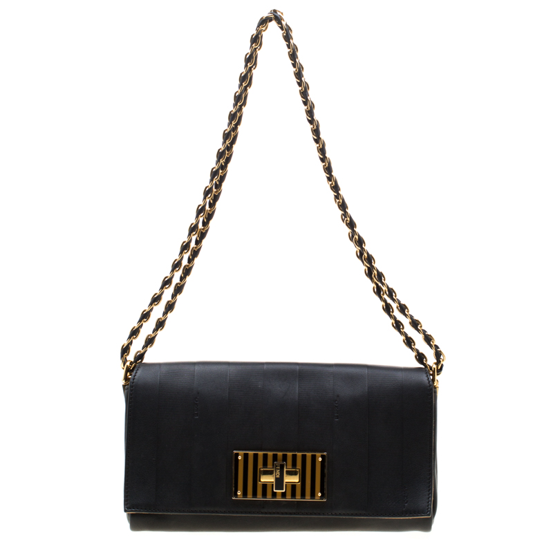 Pre Owned Fendi Black Leather Pequin Tonal Strip Shoulder Bag