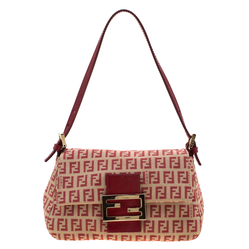 Pre Owned Fendi Red/Beige Canvas and Leather Mama Baguette Shoulder Bag