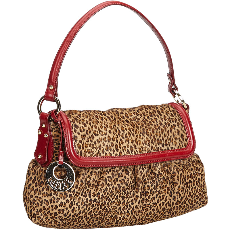 

Fendi Brown/Red Leopard Print Pony Hair and Leather Chef Shoulder Bag