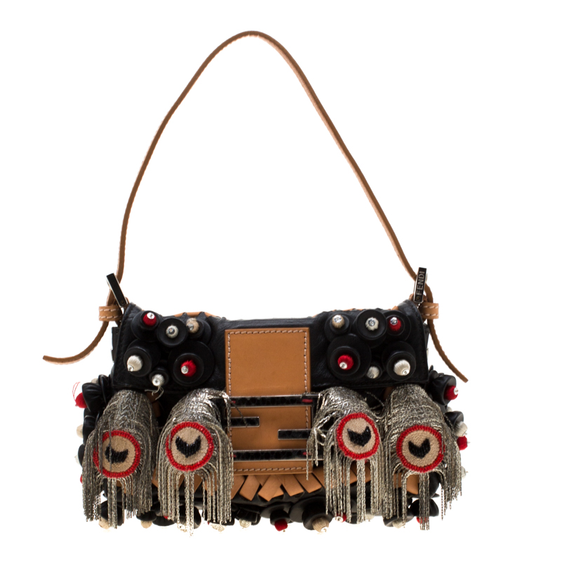 Fendi Black Embellished Micro Baguette Shoulder Bag