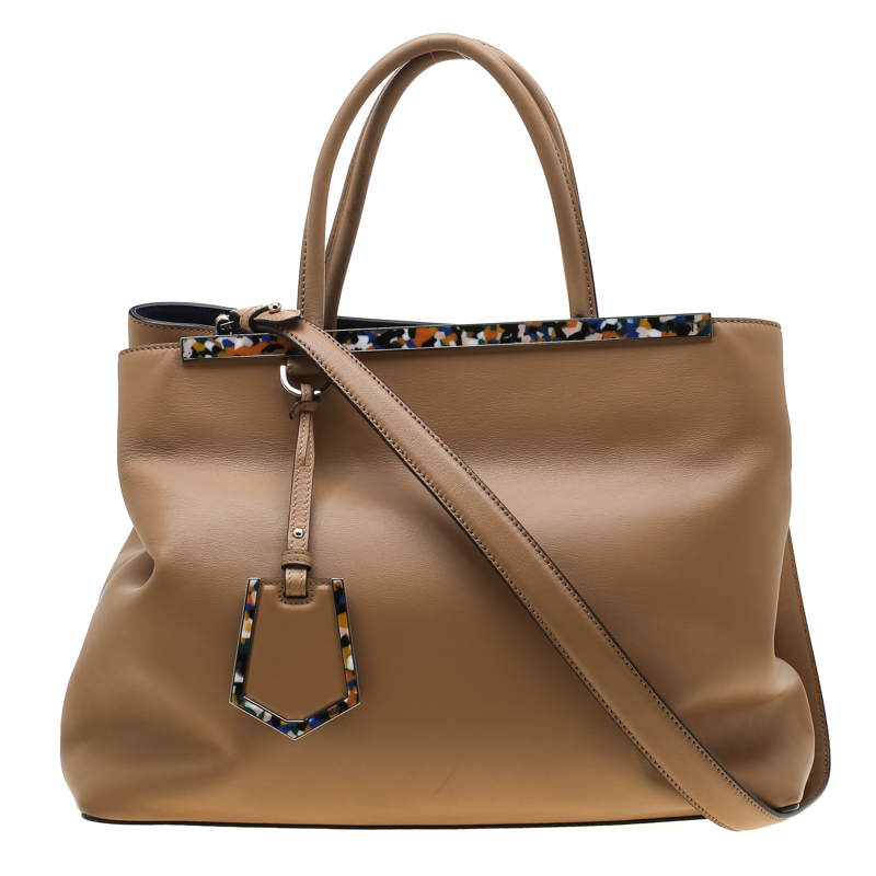 Pre Owned Fendi Light Brown Leather 2Jours Confetti Tote
