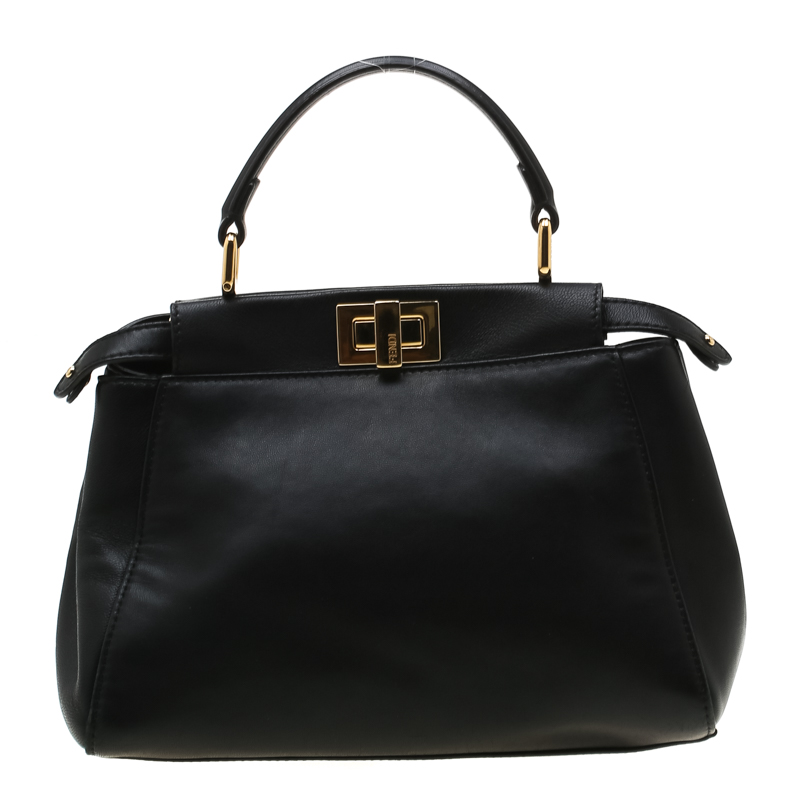Pre Owned Fendi Black Leather Mini Peekaboo Top Handle Bag