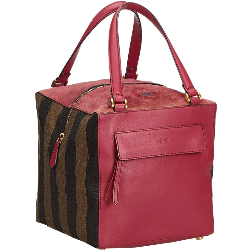 

Fendi Rasberry Leather and Pequin Canvas Trimmed Boxy Tote, Pink