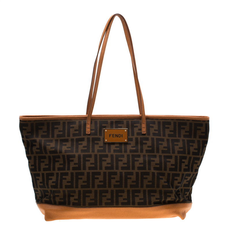 Pre Owned Fendi Brown/Orange Zucca Canvas And Leather Roll Tote