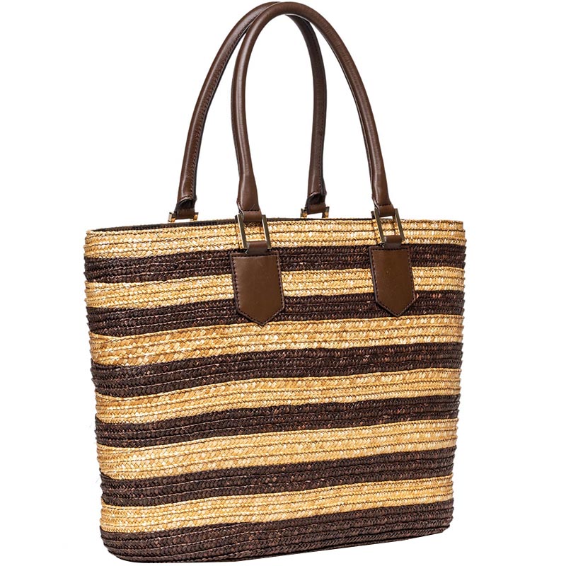

Fendi Beige/Brown Striped Straw and Leather Tote