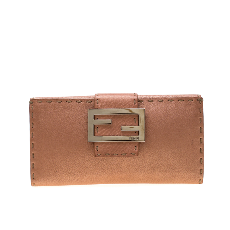 

Fendi Rose Gold Metallic Leather Selleria Wallet, Pink