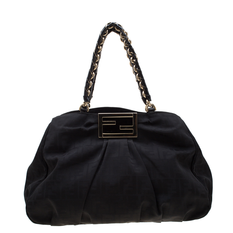 Pre Owned Fendi Black Zucca Canvas Large Mia Shoulder Bag