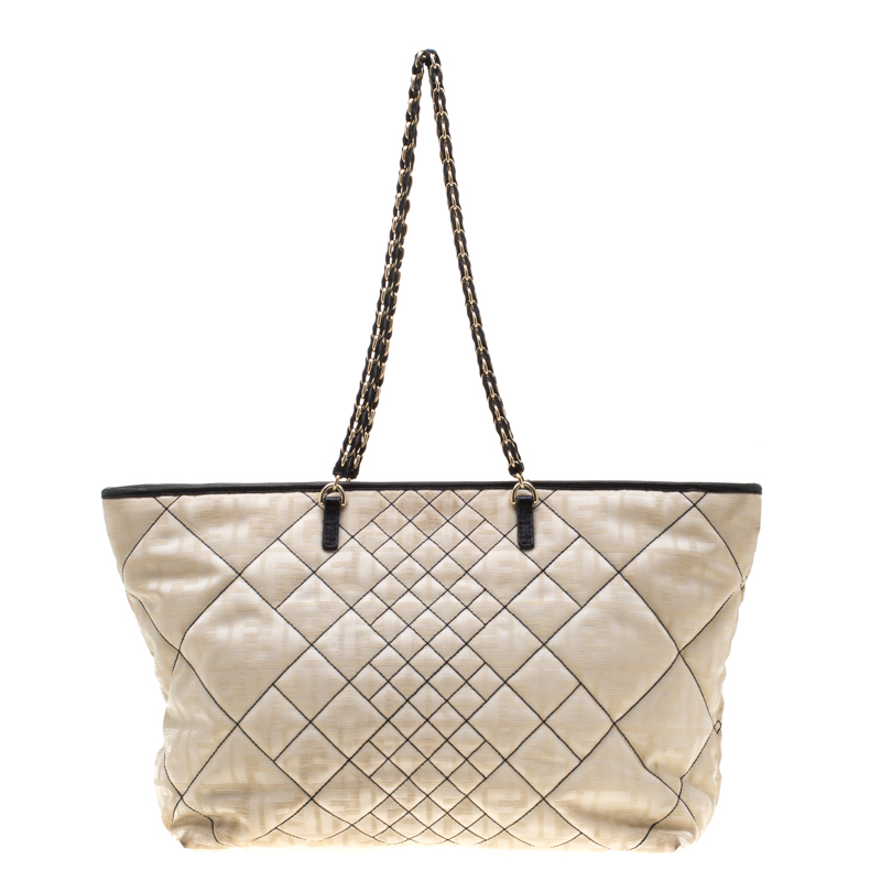 Pre Owned Fendi Cream/Black Quilted Zucca Nylon Roll Large Shopper Tote