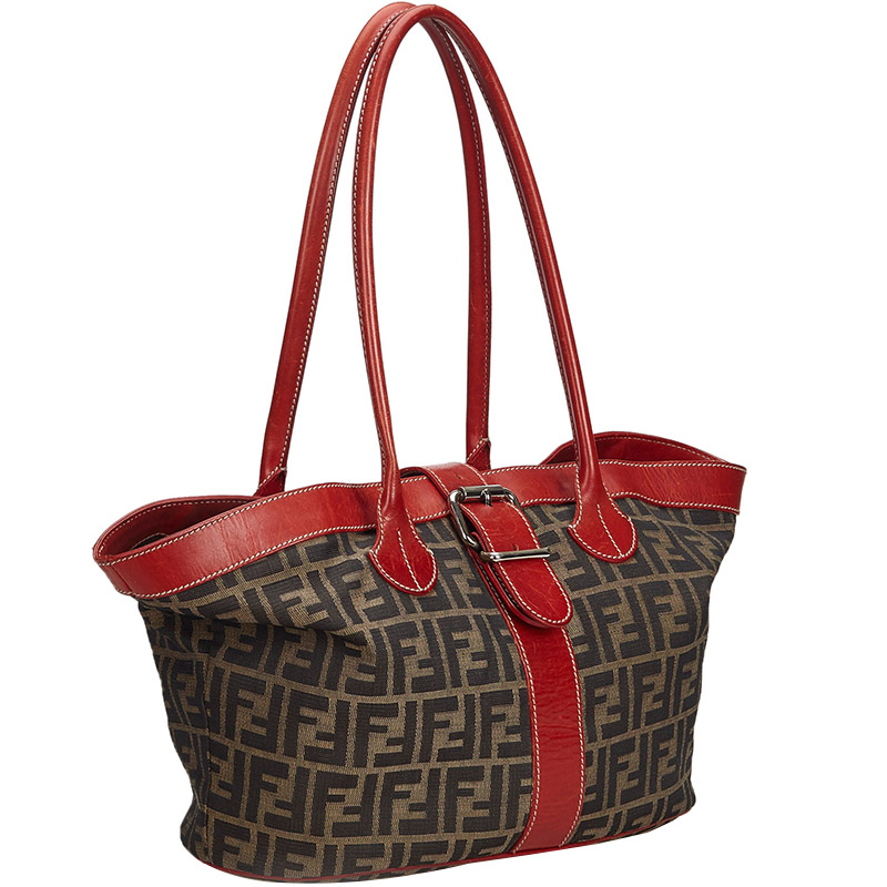 

Fendi Tobacco/Red Zucca Canvas and Leather Tote Bag, Brown