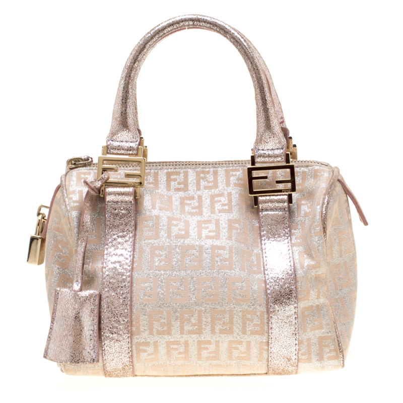 Pre Owned Fendi Metallic Zucchino Canvas and Leather Mini Boston Bag