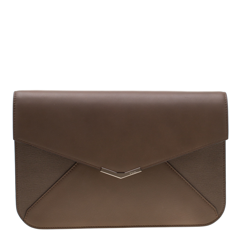 Fendi Brown Leather Geometric Envelope Clutch