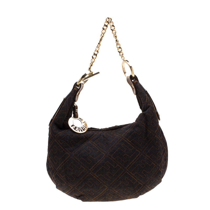 Pre Owned Fendi Navy Blue/Brown Zucca Denim Chef Chain Hobo 