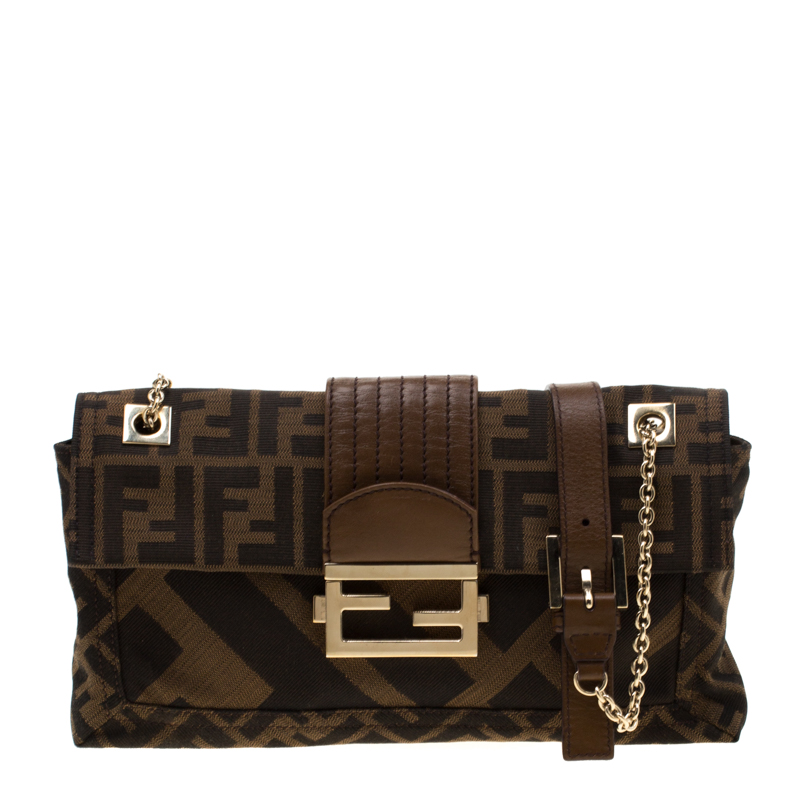 Fendi Brown Zucca Canvas and Leather Baguette Chain Shoulder Bag