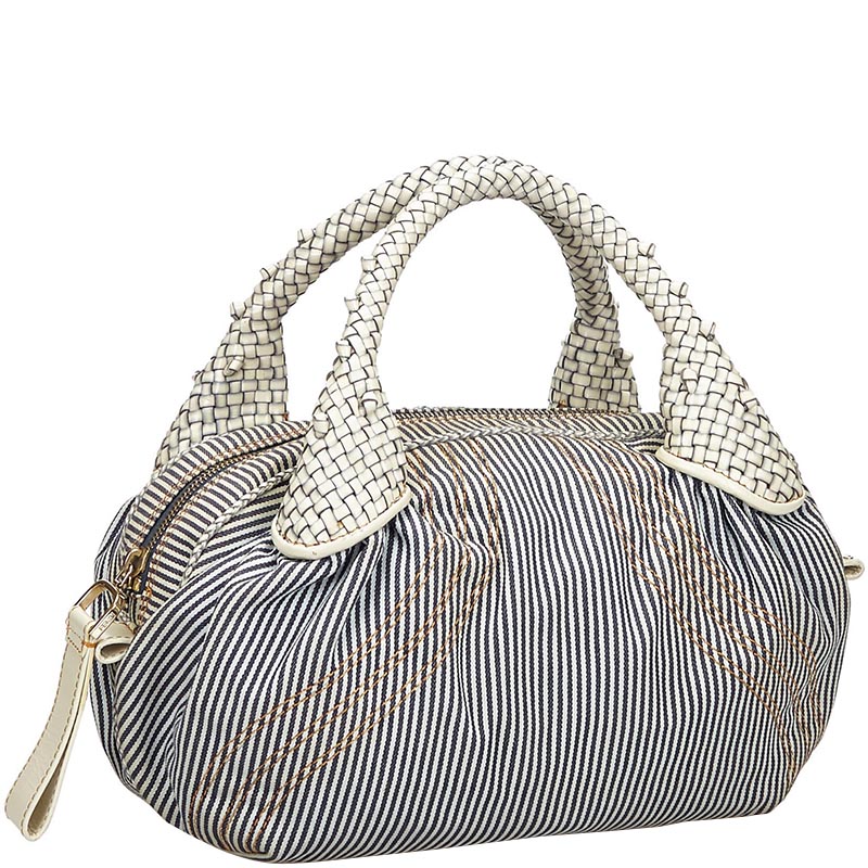 

Fendi Blue/White Canvas and Woven Leather Mini Spy Top Handle Bag