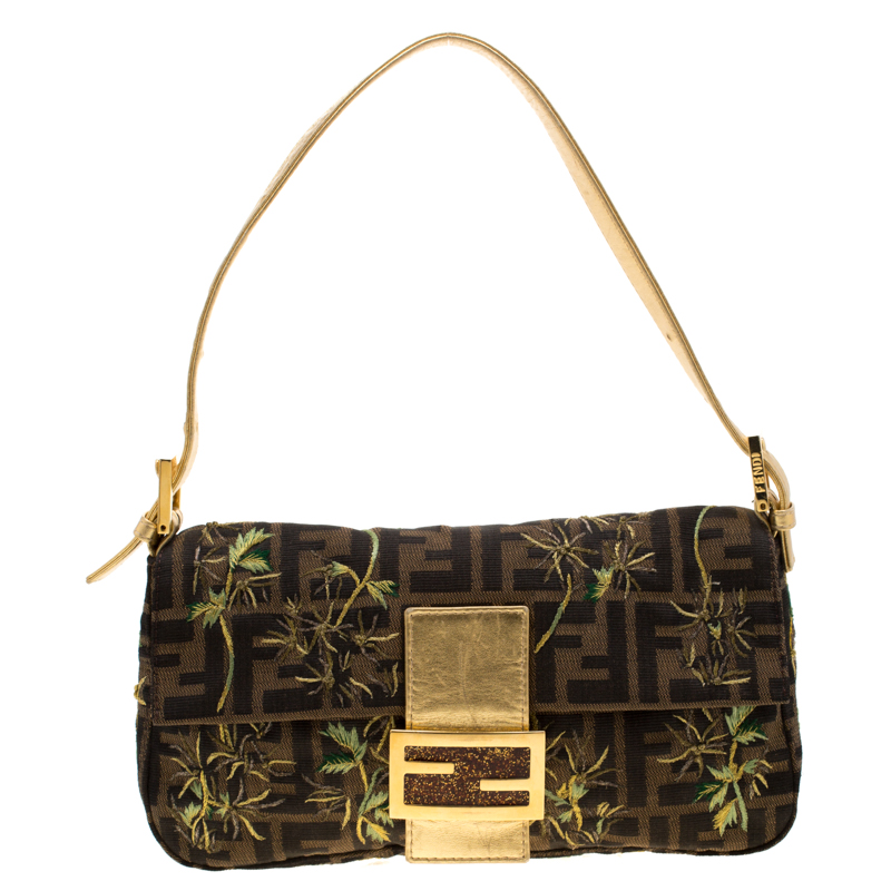 Pre Owned Fendi Brown/Gold Metallic Zucca Palm Trees Embroidered Canvas and Leather Baguette Shoulder Bag