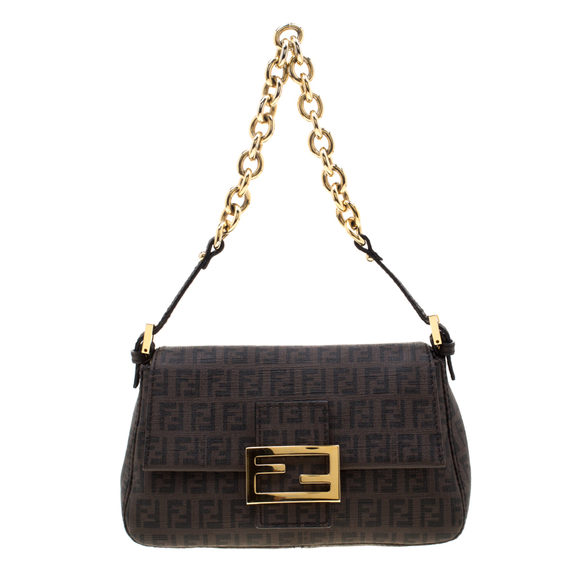 Pre Owned Fendi Tobacco Zucchino Coated Canvas Mini Mama Shoulder Bag