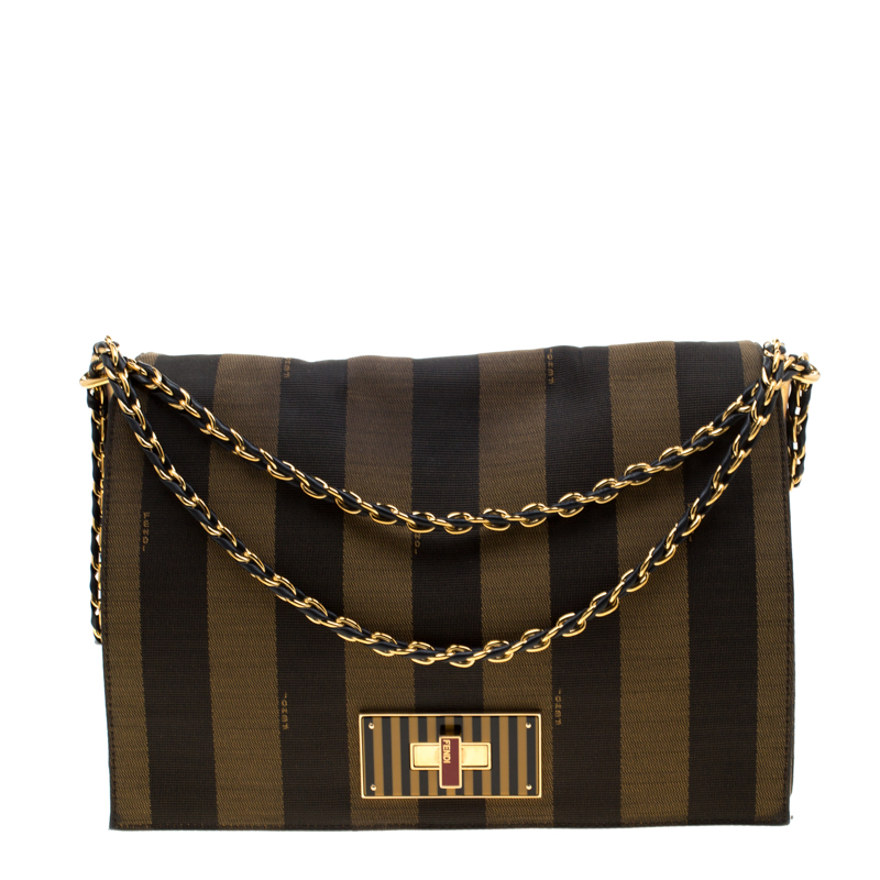 Pre Owned Fendi Brown Pequin Canvas Claudia Shoulder Bag