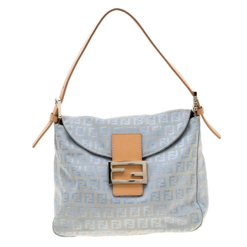 Pre Owned Fendi Sky Blue Zucchino Canvas And Leather Mama Baguette Shoulder Bag