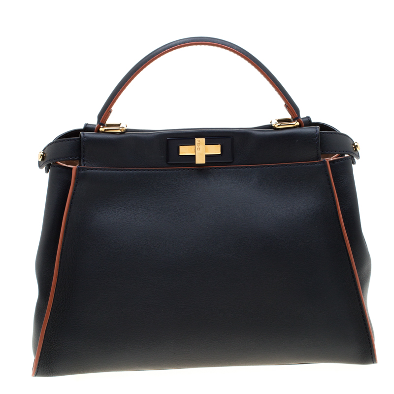 Pre Owned Fendi Navy Blue Leather Medium Peekaboo Top Handle Bag