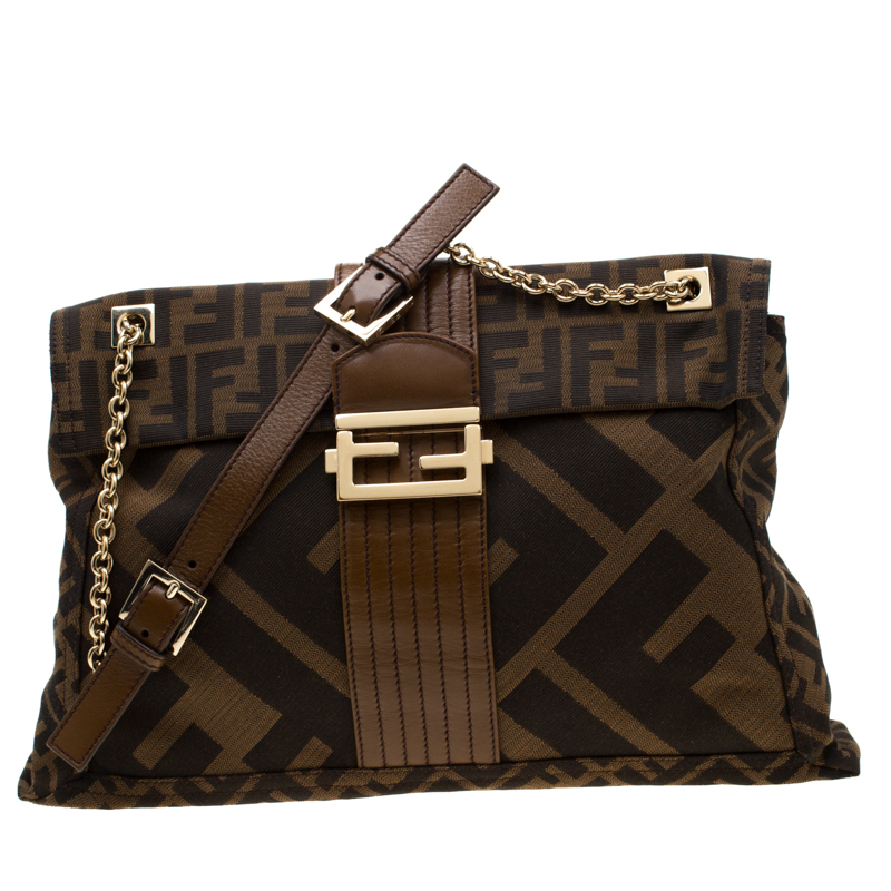 Pre Owned Fendi Tobacco Zucca Canvas Maxi Baguette Flap Shoulder Bag