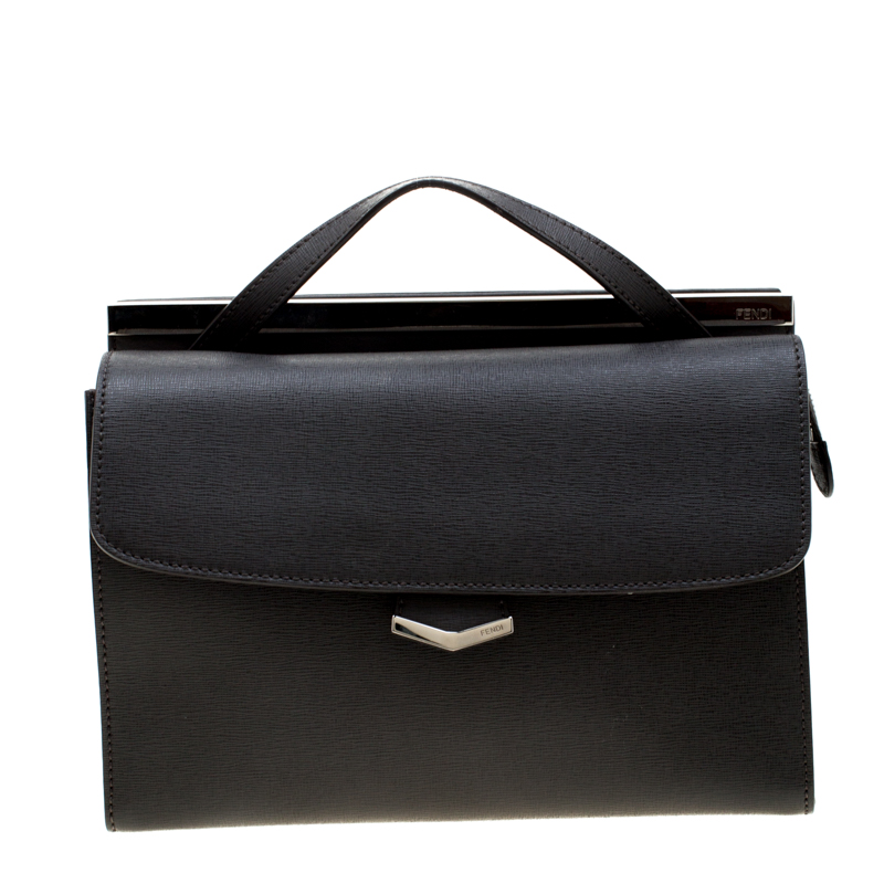 Pre Owned Fendi Grey Textured Leather Small Demi Jour Top Handle Bag