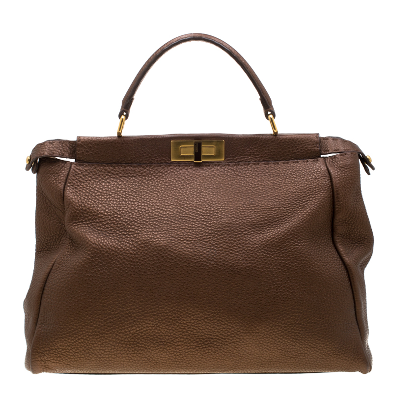 Fendi Metallic Brown Selleria Leather Large Peekaboo Top Handle Bag ...