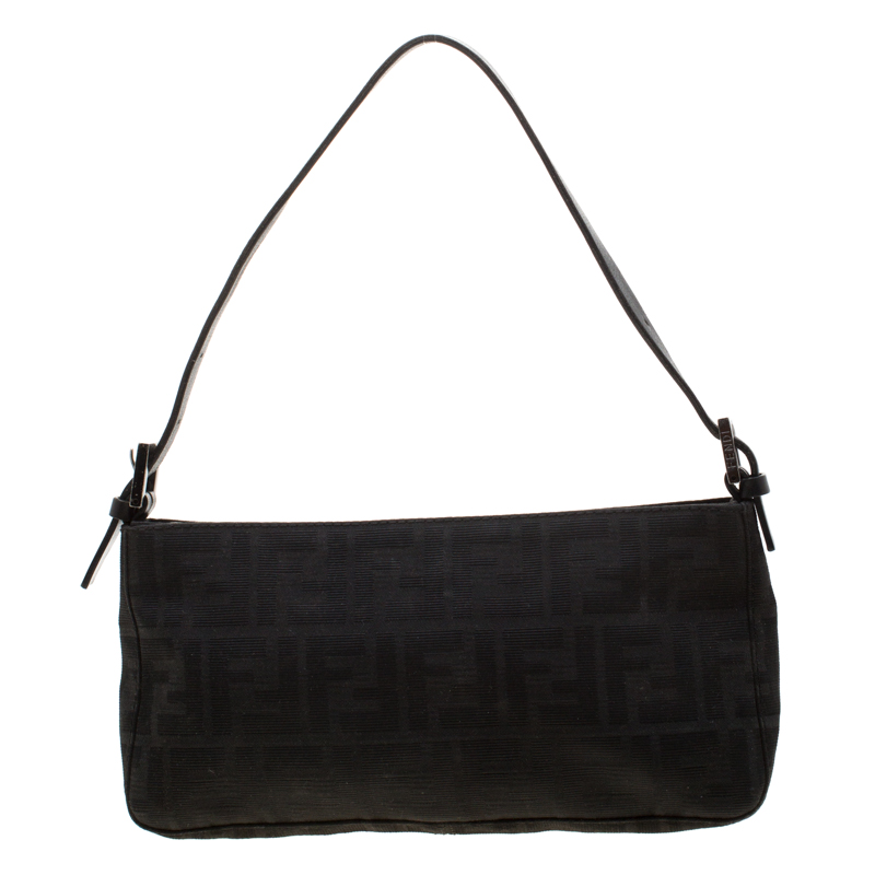 Pre Owned Fendi Black Zucca Canvas Pochette Bag