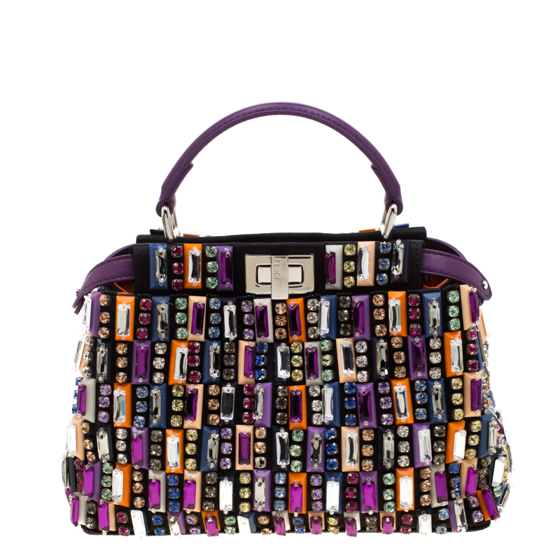 Pre Owned Fendi Multicolor Crystal Embellished Leather Mini Peekaboo Top Handle Bag