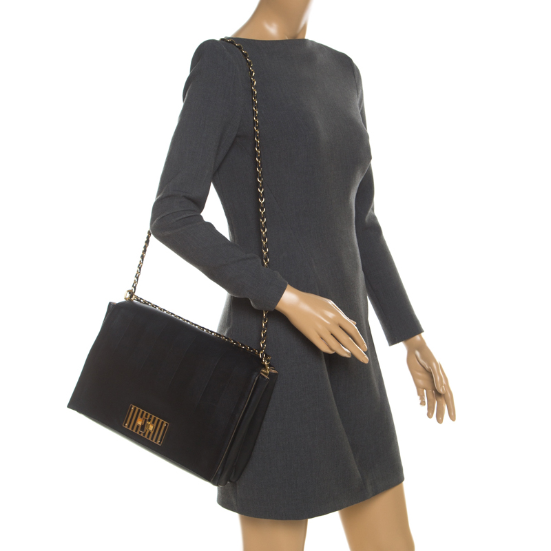 

Fendi Black Leather Pequin  Claudia Shoulder Bag