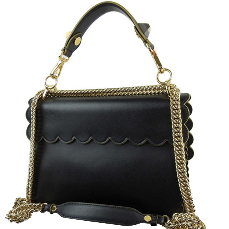 

Fendi Black Leather Kan I Scalloped Top Handle Bag