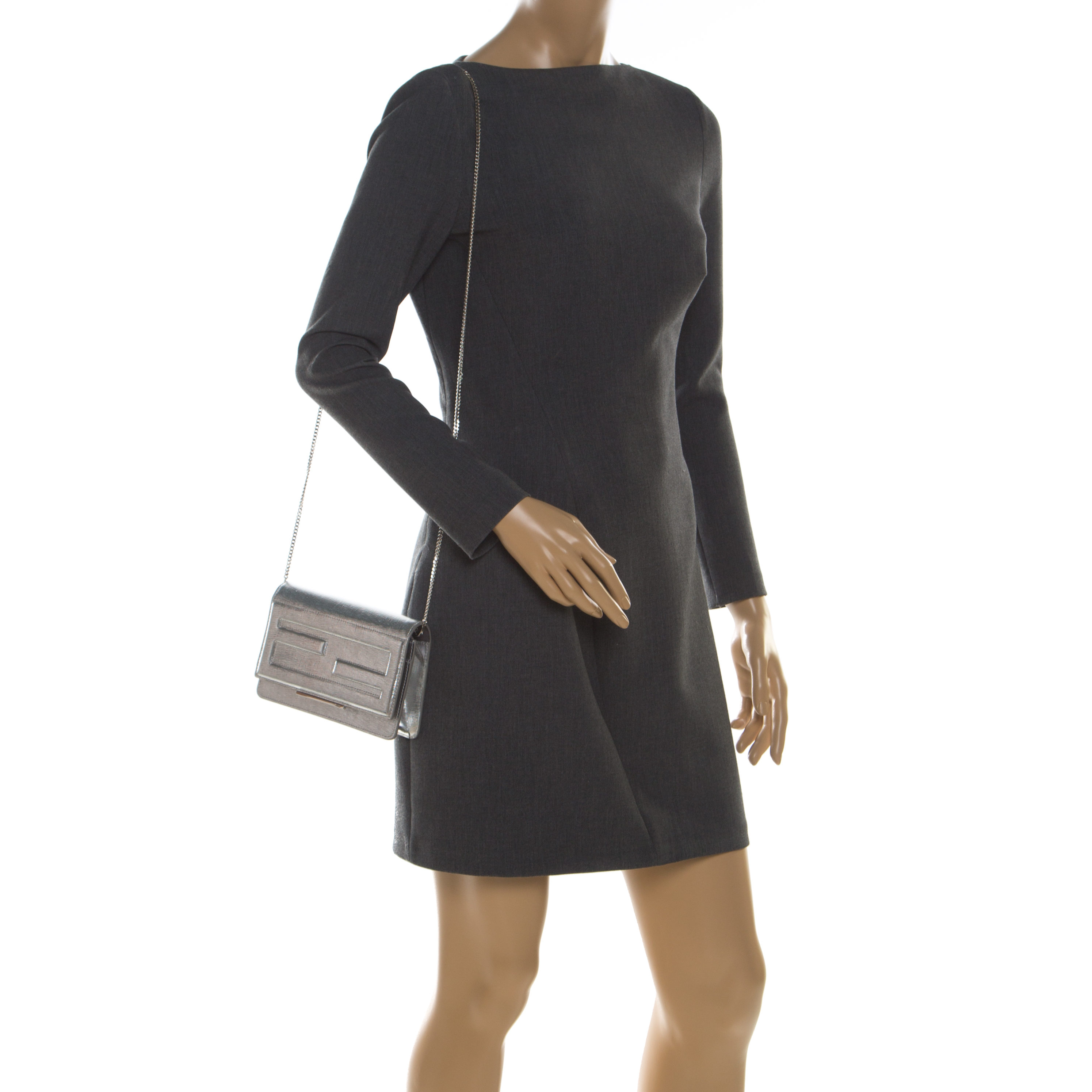 

Fendi Metallic Silver Leather Tube Wallet On Chain