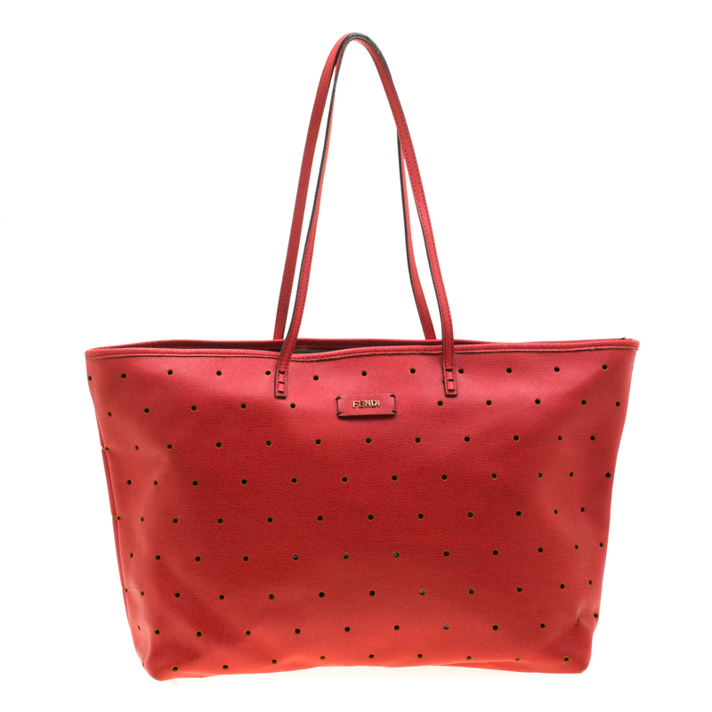 Fendi Red Perforated Leather Roll Tote W/ Pouch