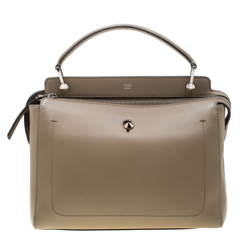 Pre Owned Fendi Khaki Leather Dotcom Top Handle Bag