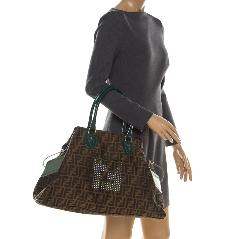 

Fendi Brown/Green Zucca Canvas and Leather Studded Large De Jour Bag