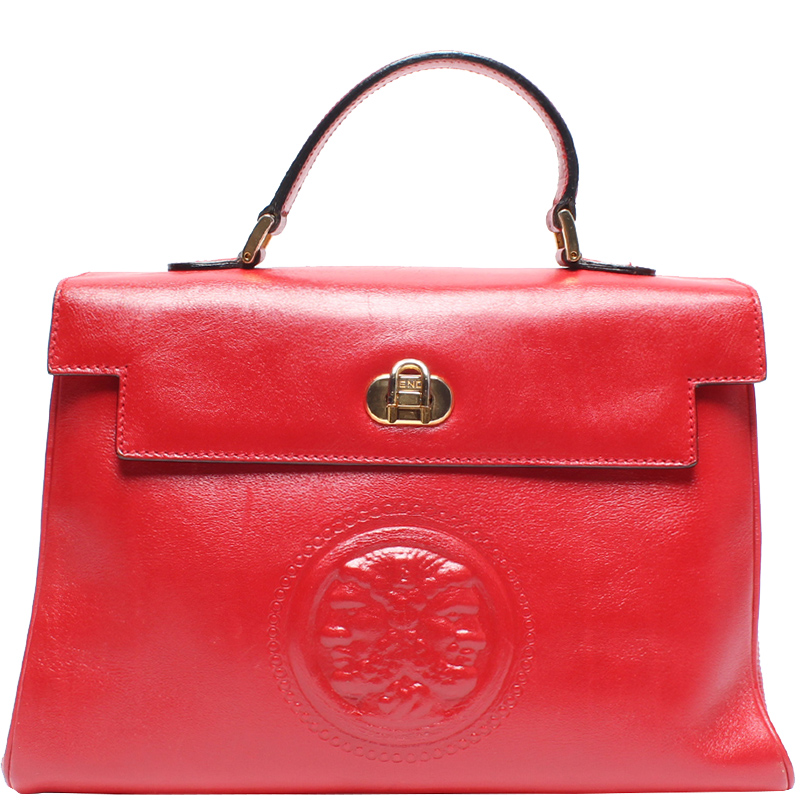 Pre Owned Fendi Red Leather Top Handle Bag