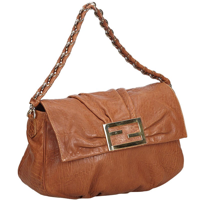

Fendi Brown Textured Leather Mia Flap Shoulder Bag