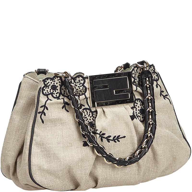 

Fendi Beige/Black Embroidered Hemp Mia Shoulder Bag