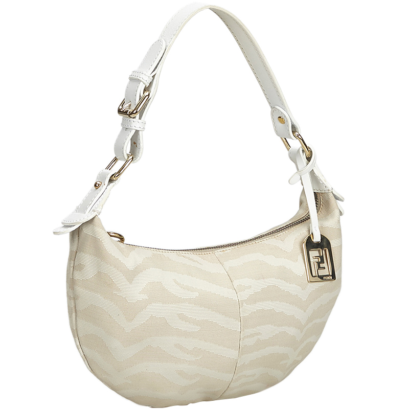 

Fendi White Animal Print Canvas Half Moon Hobo Bag