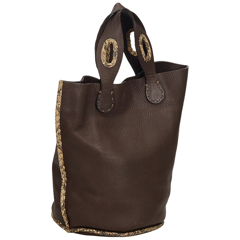 

Fendi Brown Python Trim Leather Tote Bag
