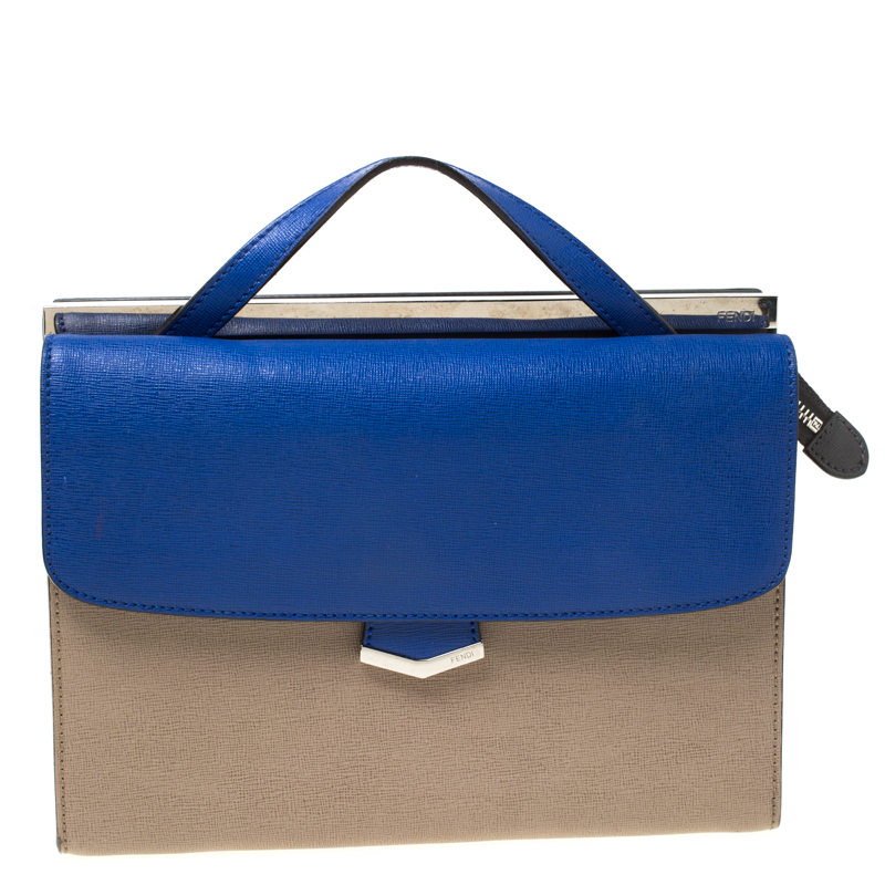 Pre Owned Fendi Beige/Blue Textured Leather Small Demi Jour Top Handle Bag