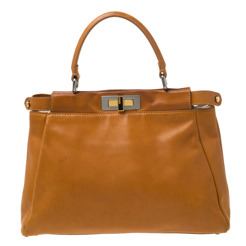 Pre Owned Fendi Tan Leather Medium Peekaboo Top Handle Bag