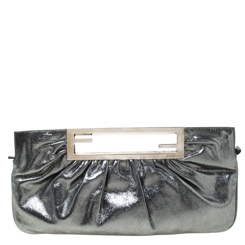 Fendi Metallic Grey Leather Cutout Handle Clutch