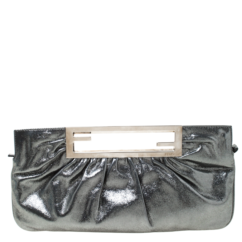 Pre Owned Fendi Metallic Grey Leather Cutout Handle Clutch