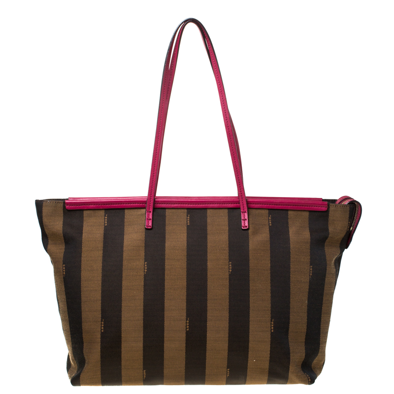 Pre Owned Fendi Brown/Pink Canvas and Leather Pequin Roll Tote